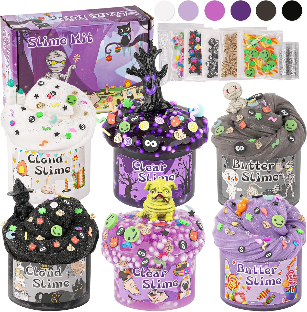 6 Pack Halloween Slime Kit, Cloud Butter Slime for Girls Boys – Fun for Kids & Family - Purple Black