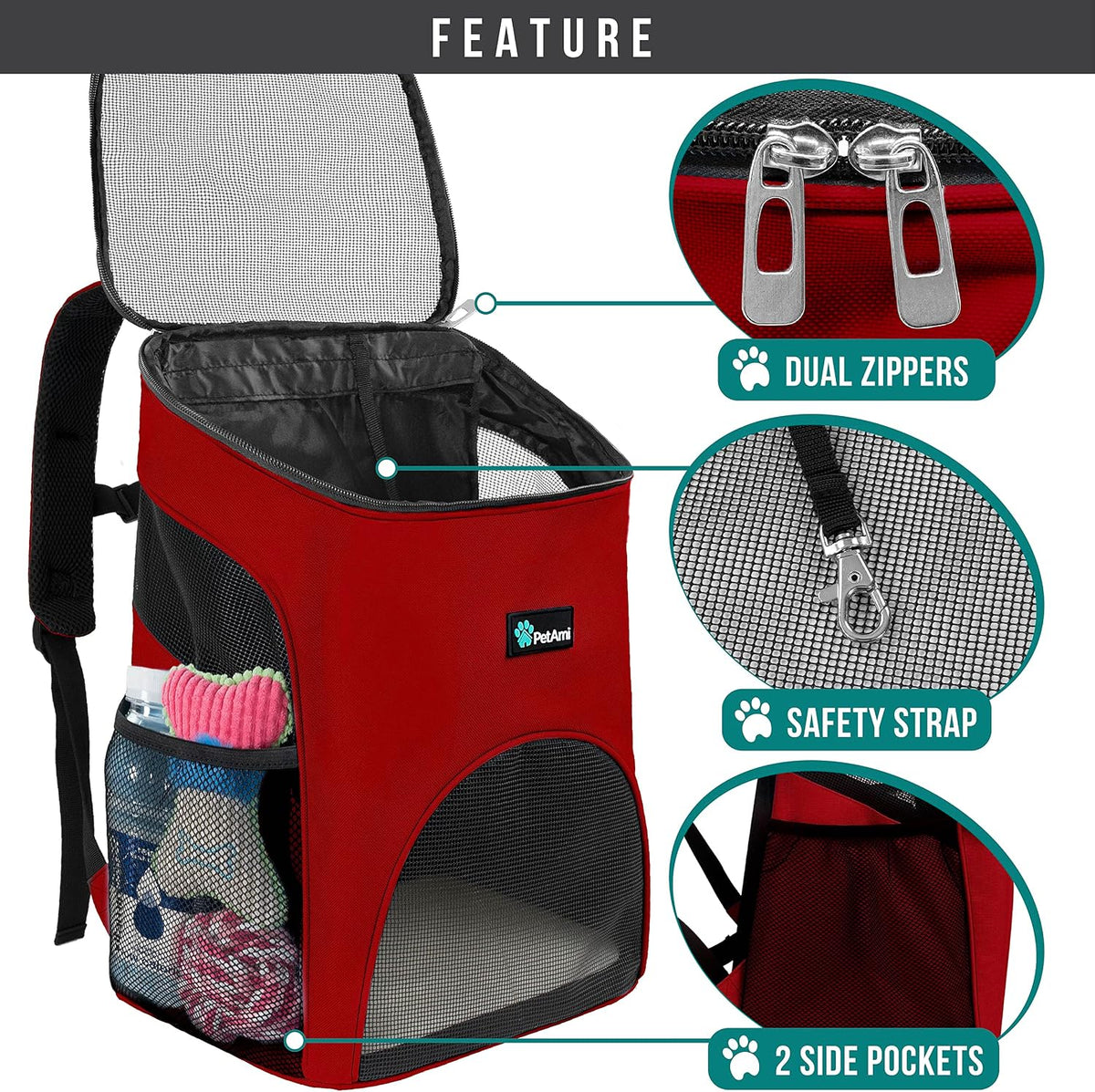 PetAmi Cat Backpack Carrier for Small Dogs and Large Cats - Red - image 3