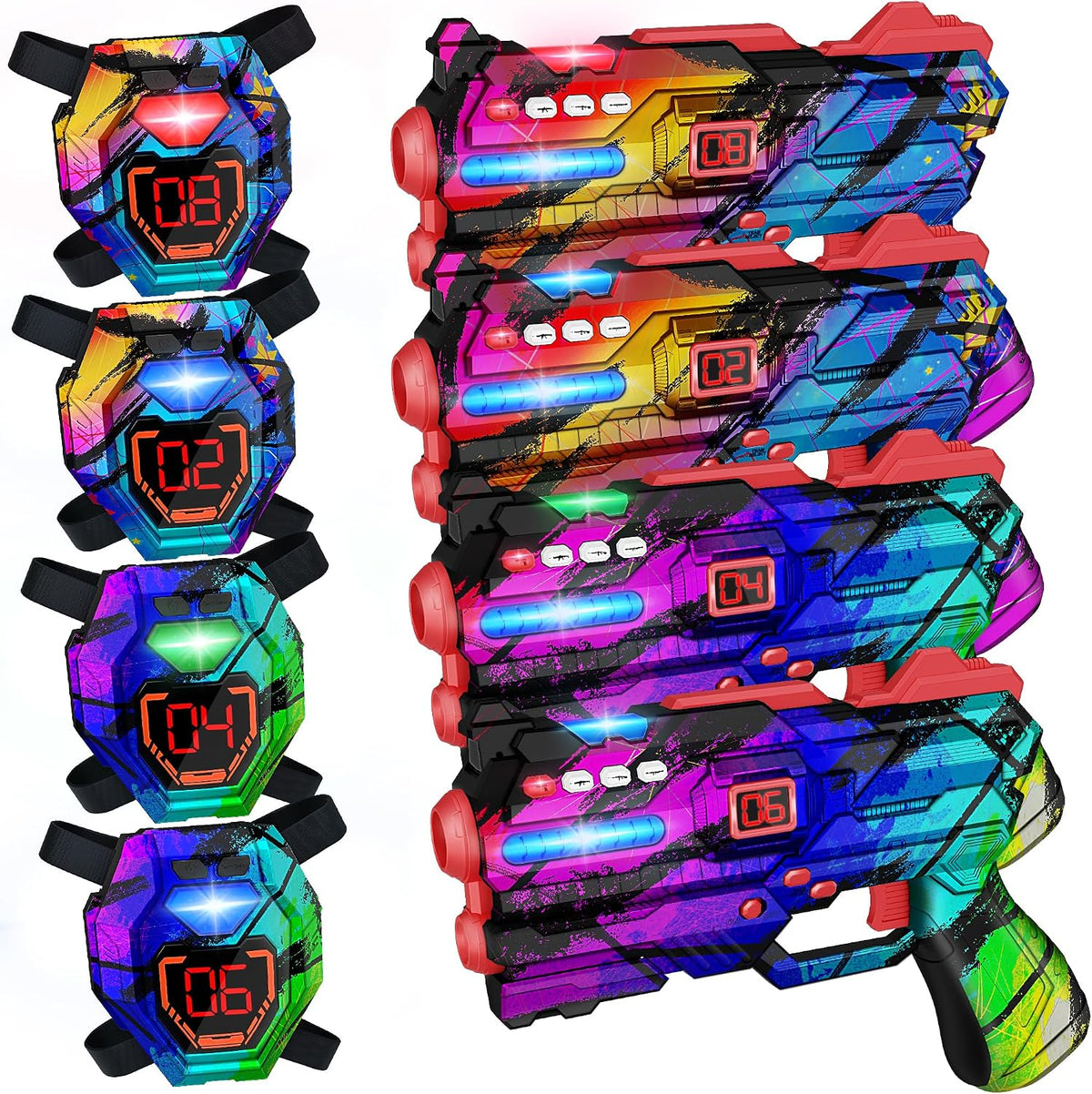Laser Tag Guns Set of 4 Laser Tag Guns with Digital LED Score Display - Multicoloured