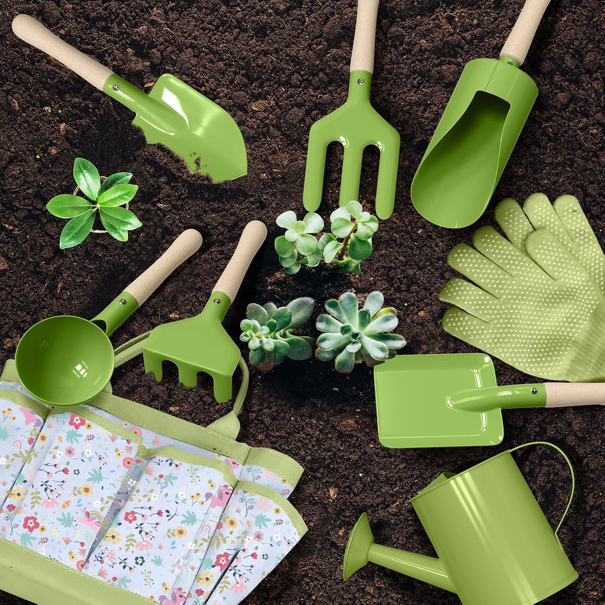 Qtioucp Kids Gardening Set 14Pcs Garden Tools with Tote Bag - Green-1 - image 3