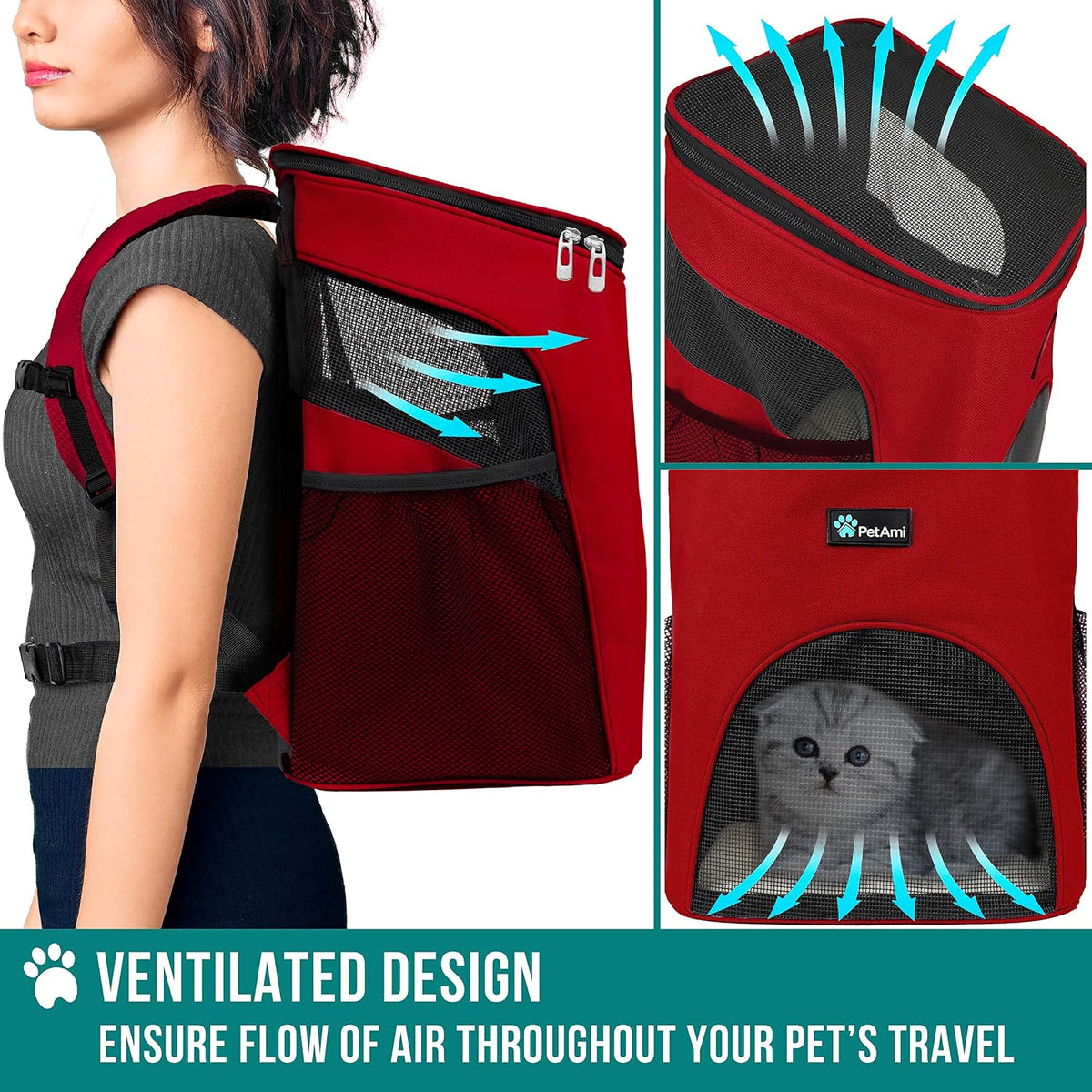 PetAmi Cat Backpack Carrier for Small Dogs and Large Cats - Red - image 4