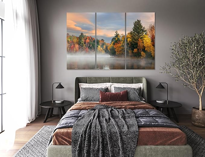 Nature Wall Art Prints - Ocean Forest Mountain Lake Canvas Landscapes - Small to Extra Large Living Room Bedroom Kitchen Bathroom Décor (Misty Fall Reflection, 39L" x 59W" - 3 Panels)