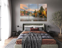 Nature Wall Art Prints - Ocean Forest Mountain Lake Canvas Landscapes - Small to Extra Large Living Room Bedroom Kitchen Bathroom Décor (Misty Fall Reflection, 47L" x 71W" - 3 panels)