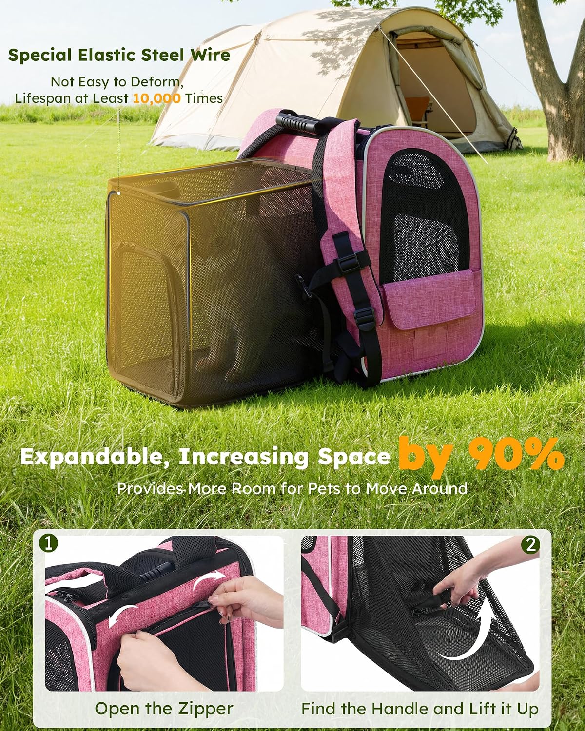 pecute Cat Backpack Expandable - Pink / 12.6"L x 10.2"W x 16.5"H / Mesh Window - image 4