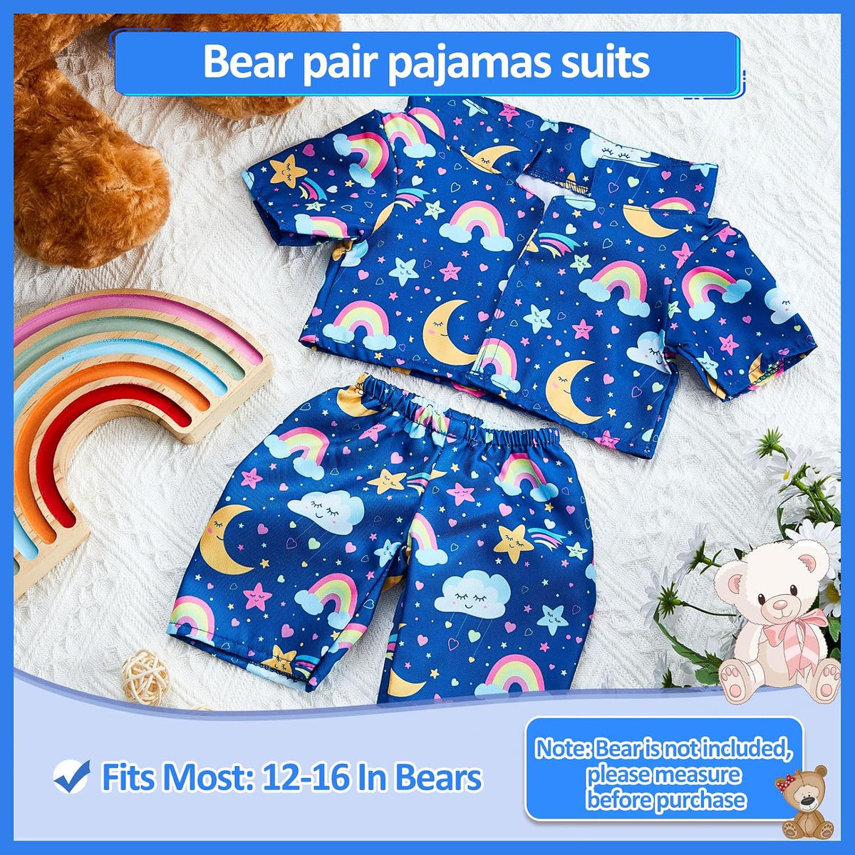 2 Pcs Rainbow PJ's Bear Clothes Outfit Stuffed Animal - Rainbow / Blue - image 2