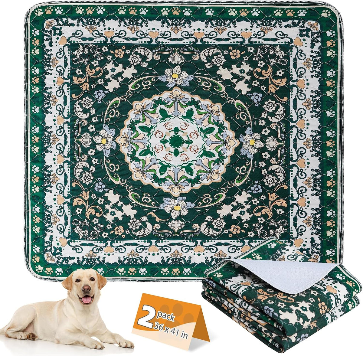 Washable Pee Pads for Dogs, Nonslip and Leak-Proof Dog Pee Pads - Green / 36" x 41" (2 Pack)