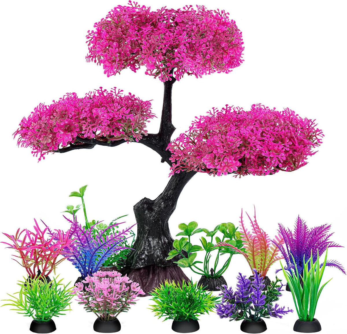 Ameliade Pink Artificial Plastic Tree Aquarium Plants Decor Set