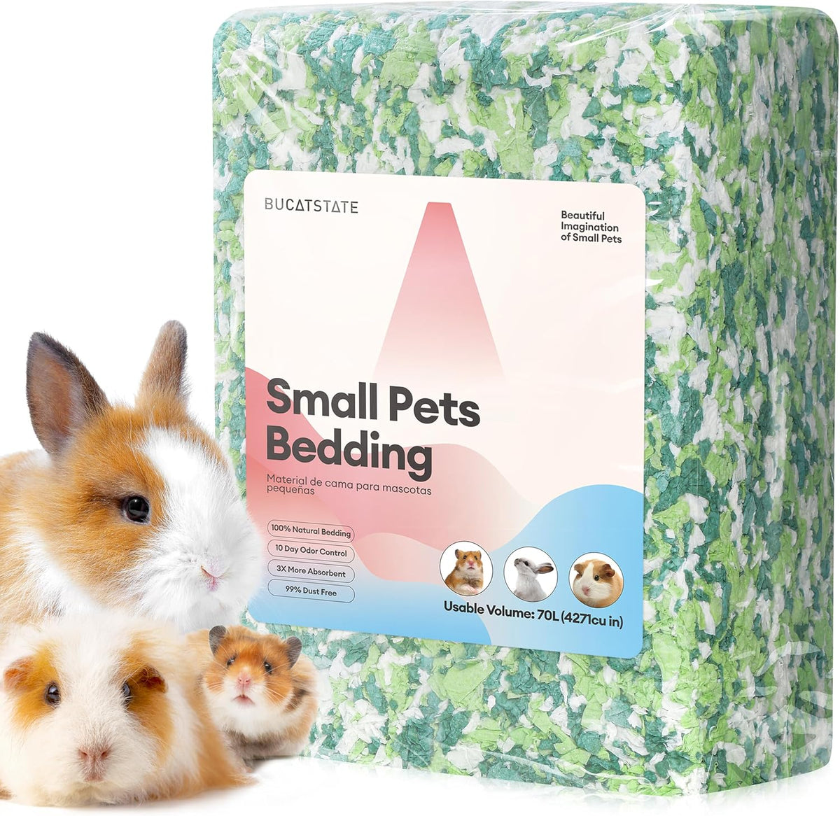 BUCATSTATE Hamster Bedding 15L, 99% Dust-Free Paper Bedding - Green / 70L