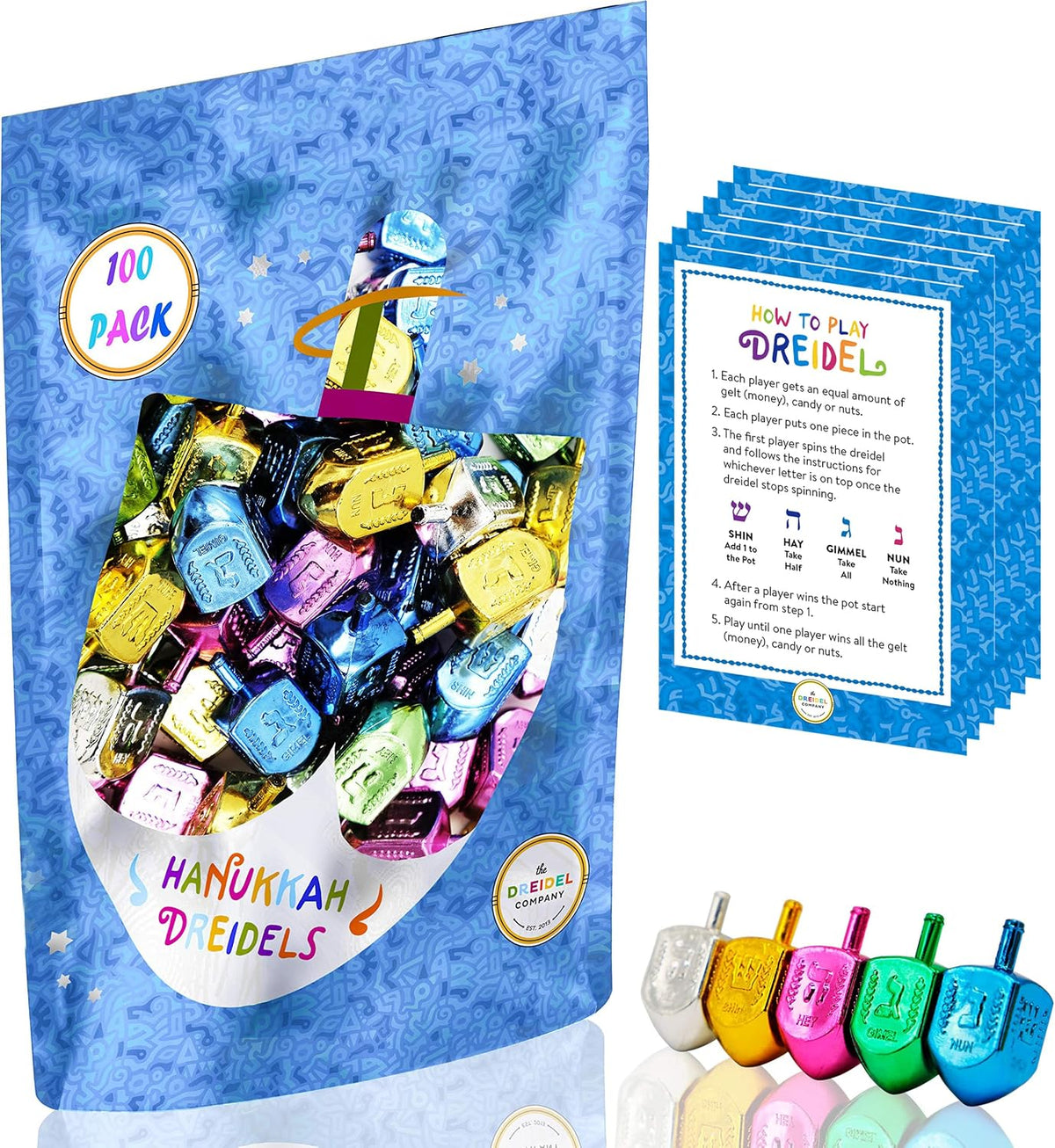 The Dreidel Company multicolored metallic plastic Hanukkah dreidels with English transliteration