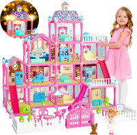 OCTERIC pink doll house for girls with 4 floors, 13 rooms, 2 dolls and puppies