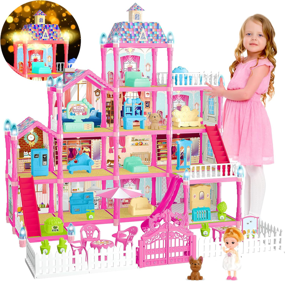 OCTERIC pink doll house for girls with 4 floors, 13 rooms, 2 dolls and puppies