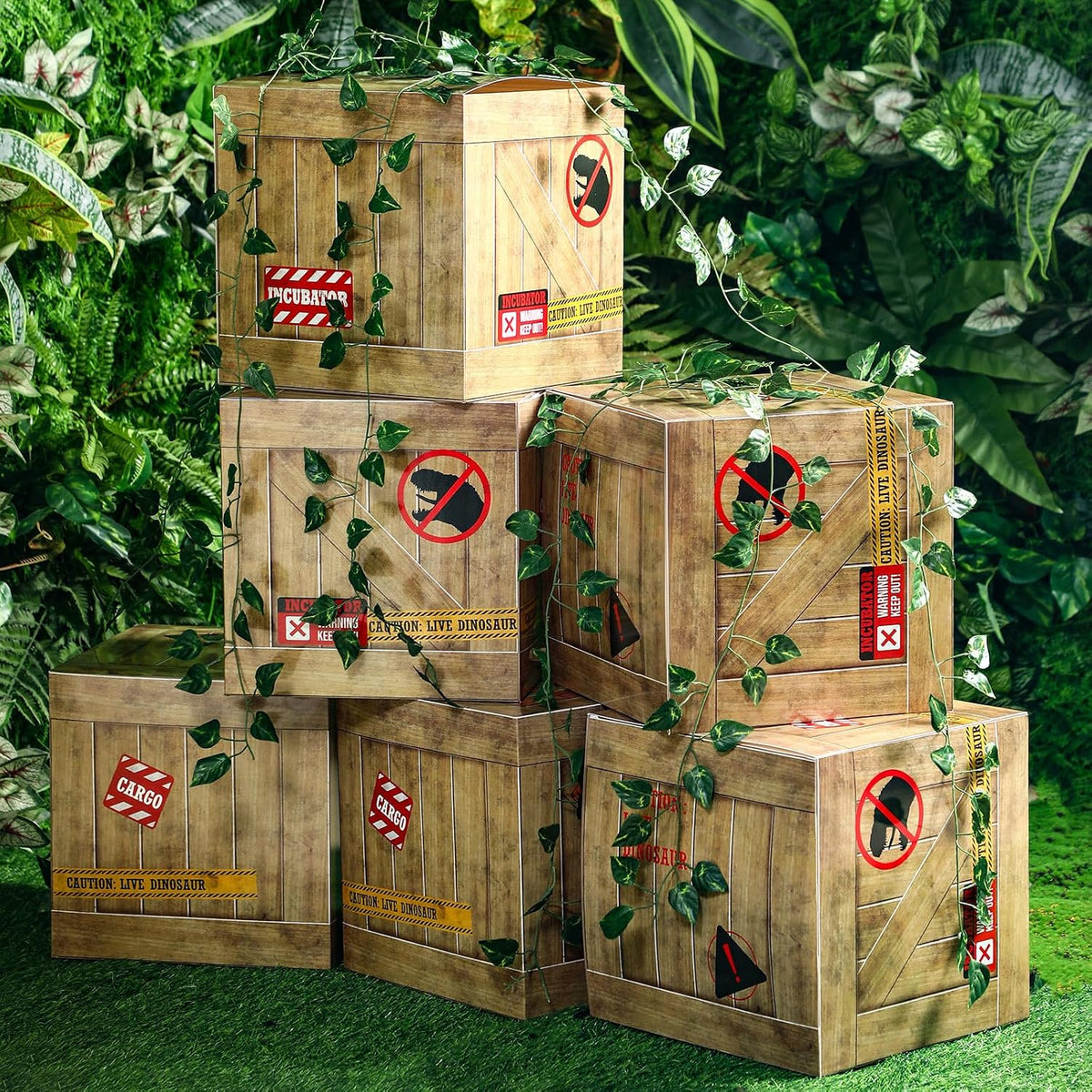 Bucherry 6 light brown dinosaur party decoration boxes with crate print and caution signs - view 4