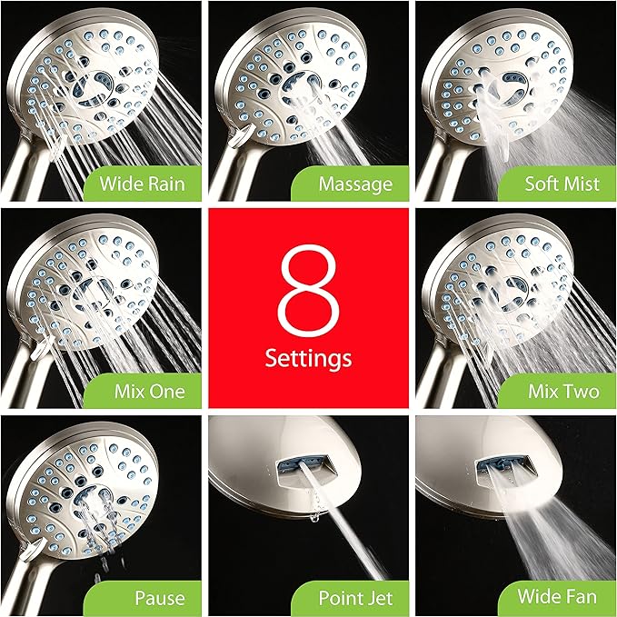 Hotel Spa AquaCare As-Seen-On-TV High Pressure Handheld/Rain 50-mode 3-way Shower Head Combo with Adjustable Arm - Anti-clog Nozzles, Tub & Pet Power Wash, 6 ft. Stainless Steel Hose, Nickel Finish
