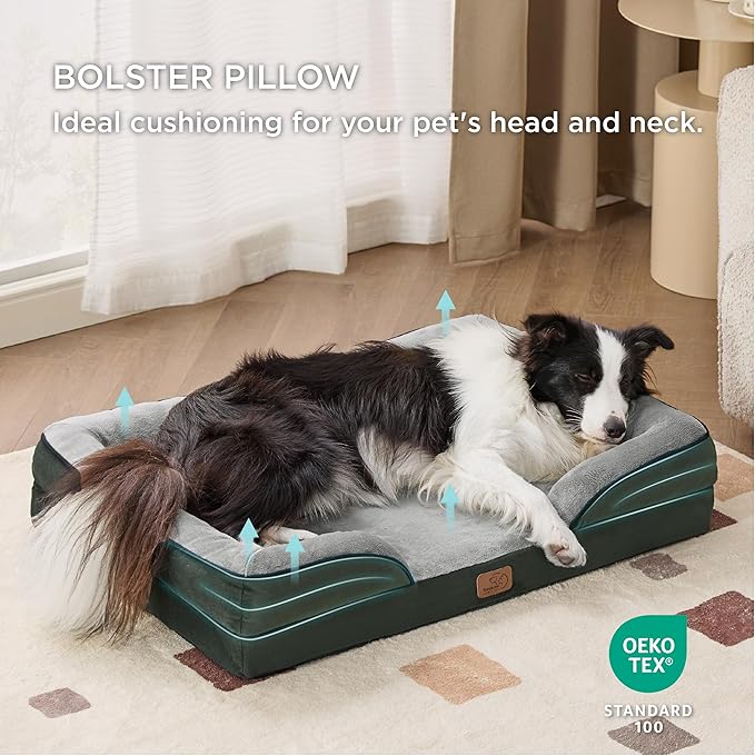 Bedsure L Plus Orthopedic Dog Bed for Large Dogs - Waterproof Dog Cat Bed, L Plus Big Comfort Dogs Couch Sofa with Washable Removable Cover, Pet Bed with Nonskid Bottom, Boreal Canopy Green, 38"