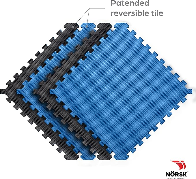 Norsk Reversible Gym Exercise Mats 3/4" Thick EVA Interlocking Foam Tiles, Perfect Gym Flooring for Home Gym,12 Tiles & 24 Trim Pieces, 48 Sq. Ft. Reversible, Dazzling Blue/Black