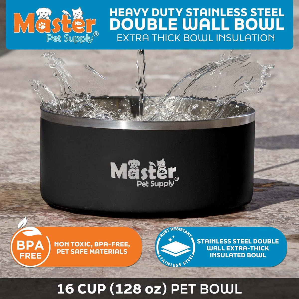 Master Pet Supply Stainless Steel Dog Bowls 128 oz Heavy Duty Aqua Sky – Essentials for Dogs - Black Velvet / 16 Cups (128 oz) - image 3