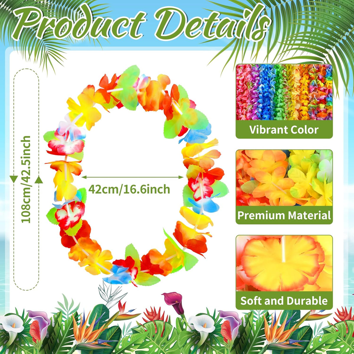 Seifar 120 colorful Hawaiian luau flower leis for a tropical party - view 2