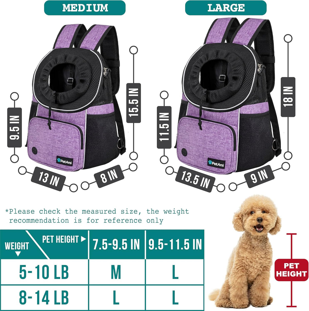 PetAmi Dog Front Carrier Backpack - Large (15.5x9x18) / Purple - image 2