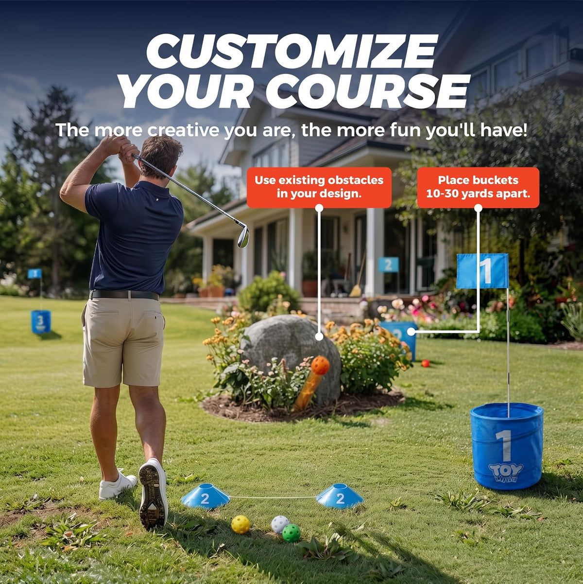 TOY Life backyard bucket golf game set with blue golf buckets, flag and golf balls on a lawn - view 6