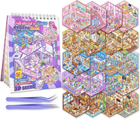Xuoent 3D scene sticker book with mini kawaii scenes and tweezers