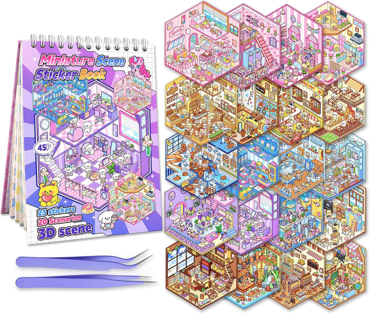 Xuoent 3D scene sticker book with mini kawaii scenes and tweezers