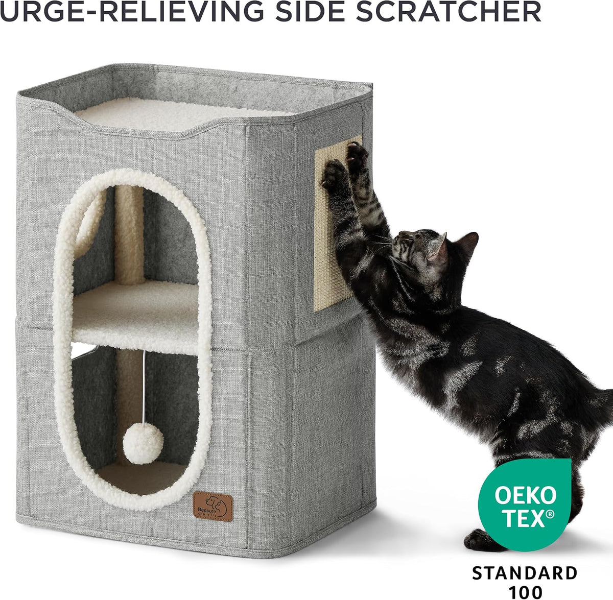 Bedsure Cat House Bed for Indoor Cats with Fluffy Ball and Scratch Pad - Grey / Double - image 2