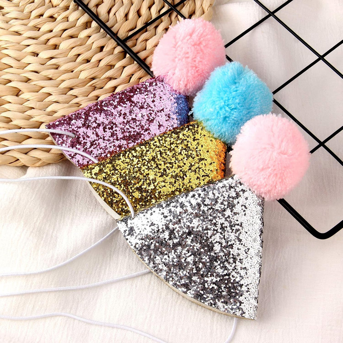 Set of 3 glitter dog birthday hats in blue, pink and silver with pom-pom toppers - view 3