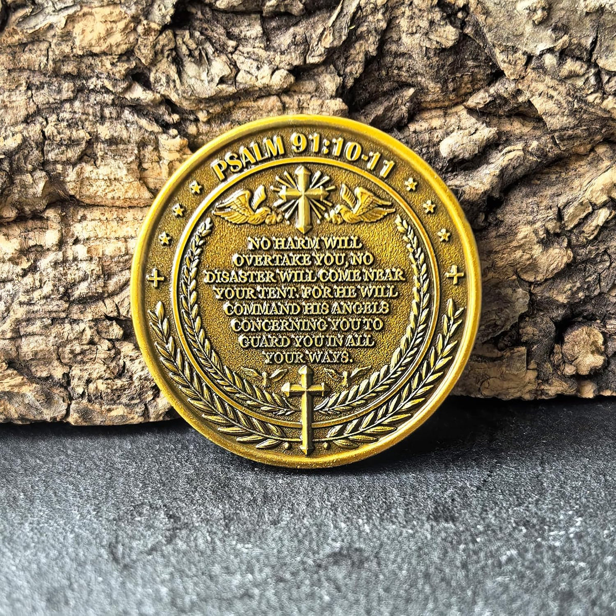 Archangel Michael challenge coin with Psalm 91:10-11 inscription in a clear case - view 7