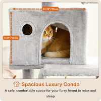 Ouritsu Cat Tree, 56 inch Tall Cat Tower for Large Cat Indoor, Large Condo, 2 Padded Perches, Steel-Framed Hammock, Scratching Post and ramp, Fluffy Basket, Light Gray, LF001GA