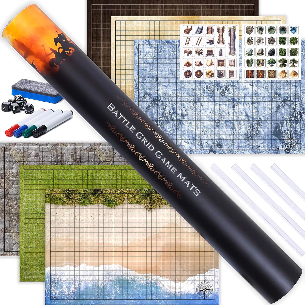 Tidyboss DND Starter Set, 3 x Double Sides 24x 36 Game Grid Mat - Multi Color