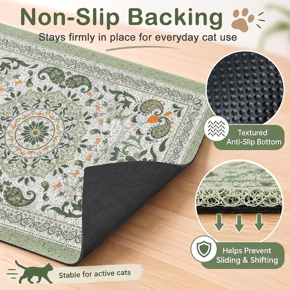 24"x15" Cat Litter Mat Non-Slip Washable Litter Box Mat – Daily Care for Cats - Green Mandala / 24X15in - image 3