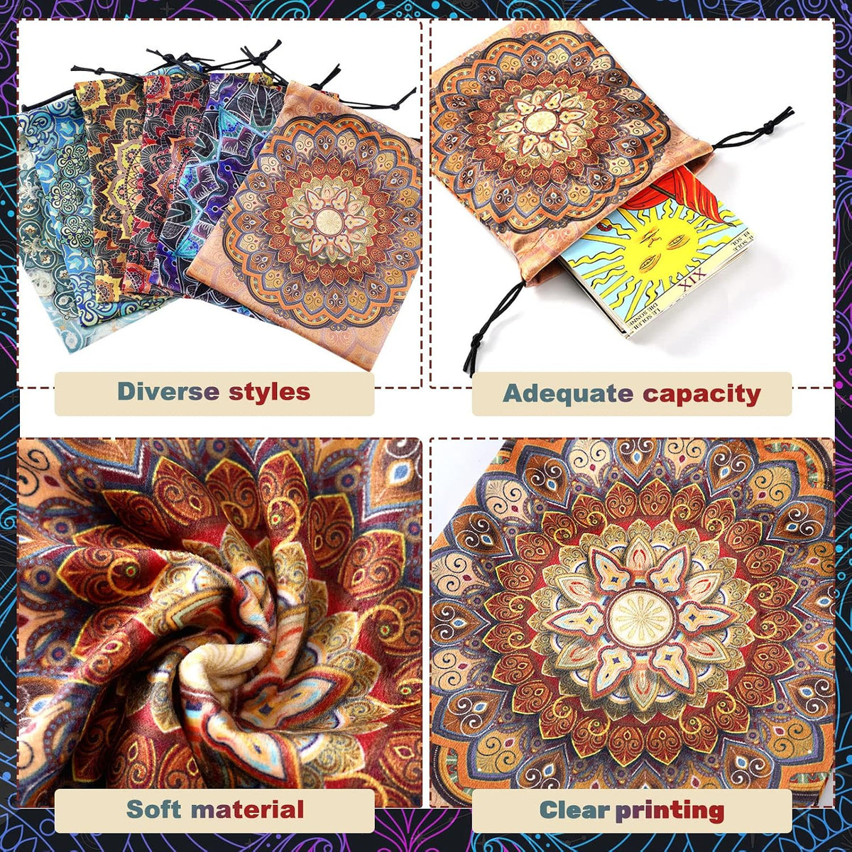 Shappy 6 Pcs Velvet Drawstring Pouches for Tarot Cards Dice - Floral Style - image 4