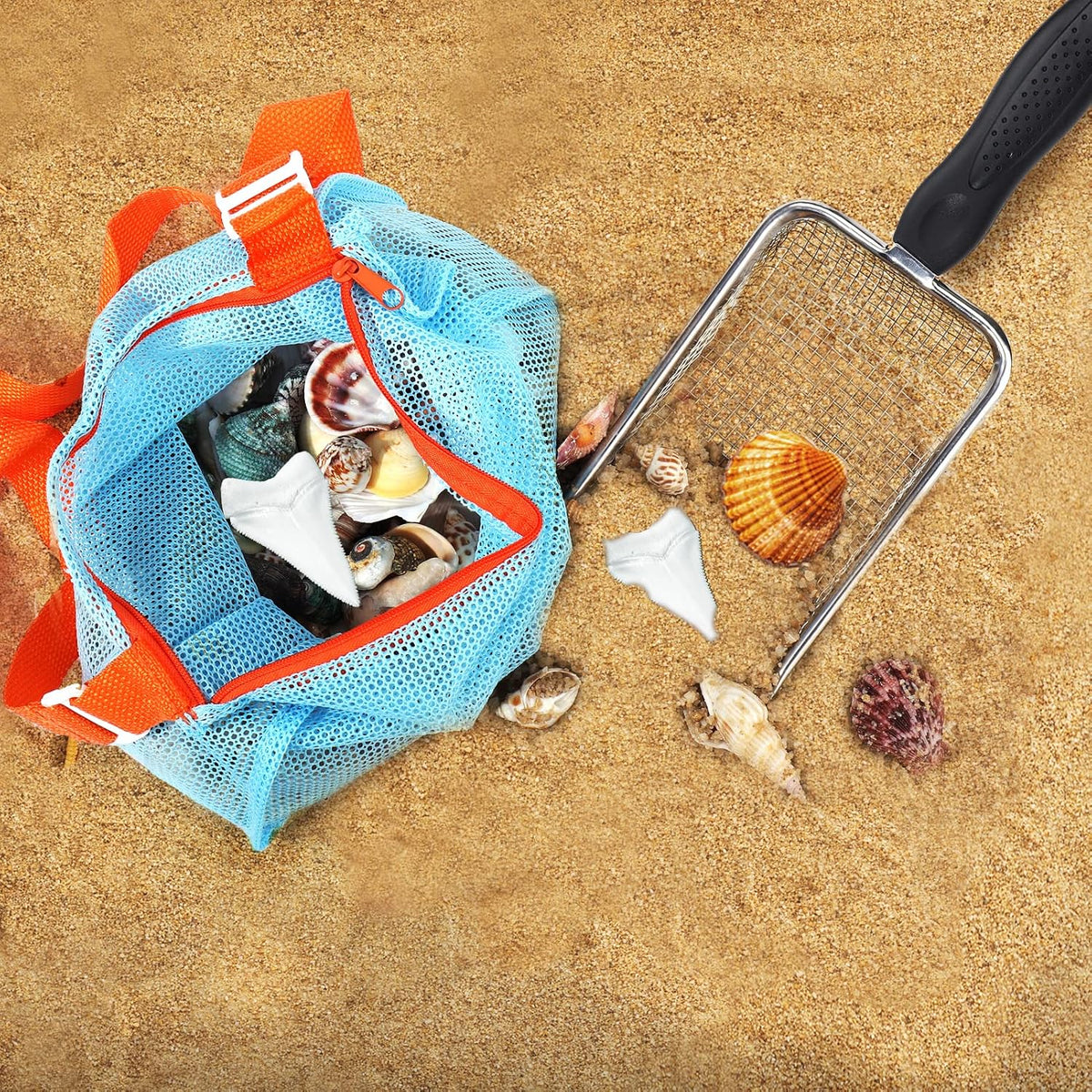 Vodolo Beach Mesh Shovel with Mesh Beach Bag for Shell Collecting - Silver - 2pcs Shovel With 2pcs Bag - image 3