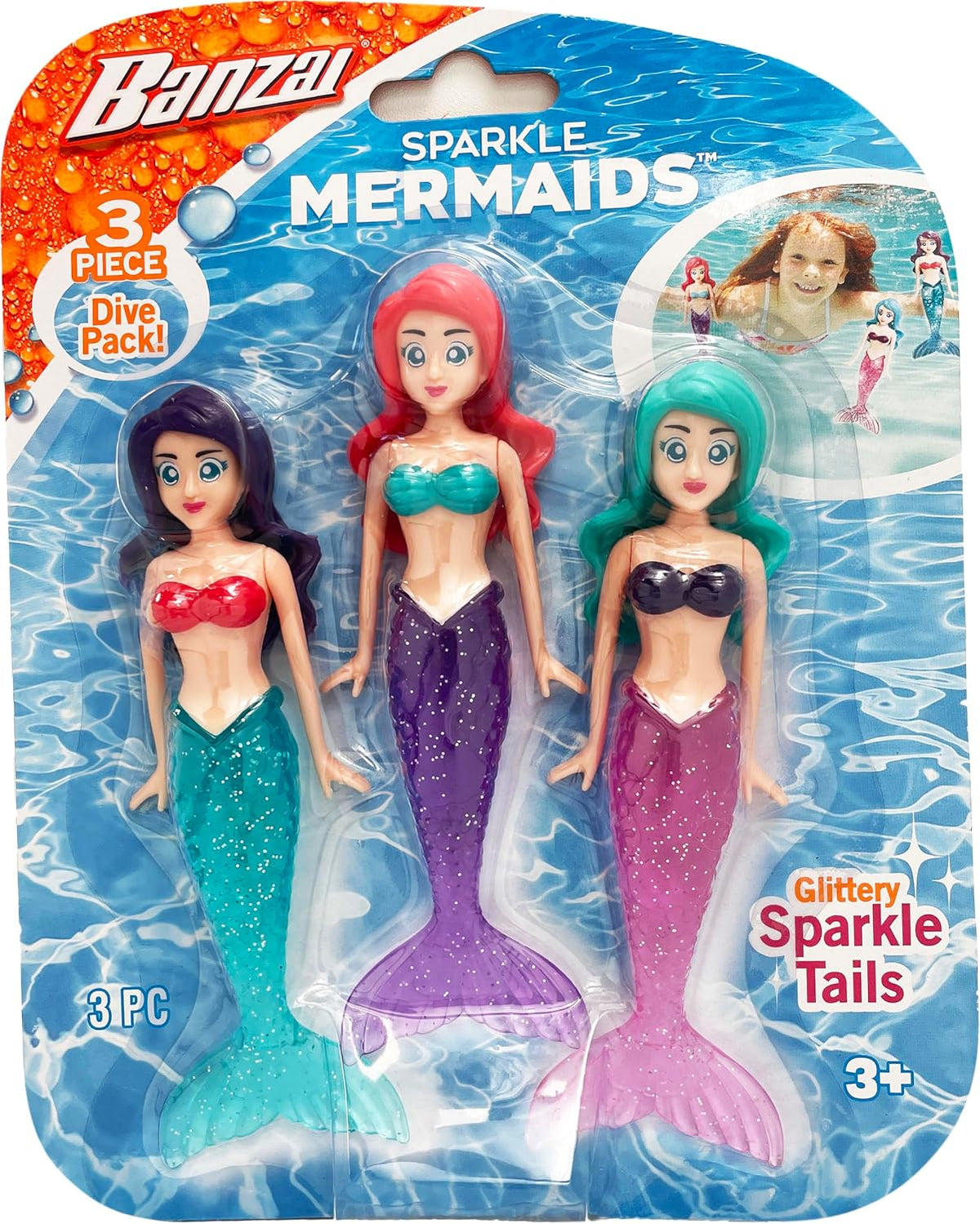 BANZAI 3 Piece Sparkle Mermaid Dive Toys, Glittery Sparkle Tails