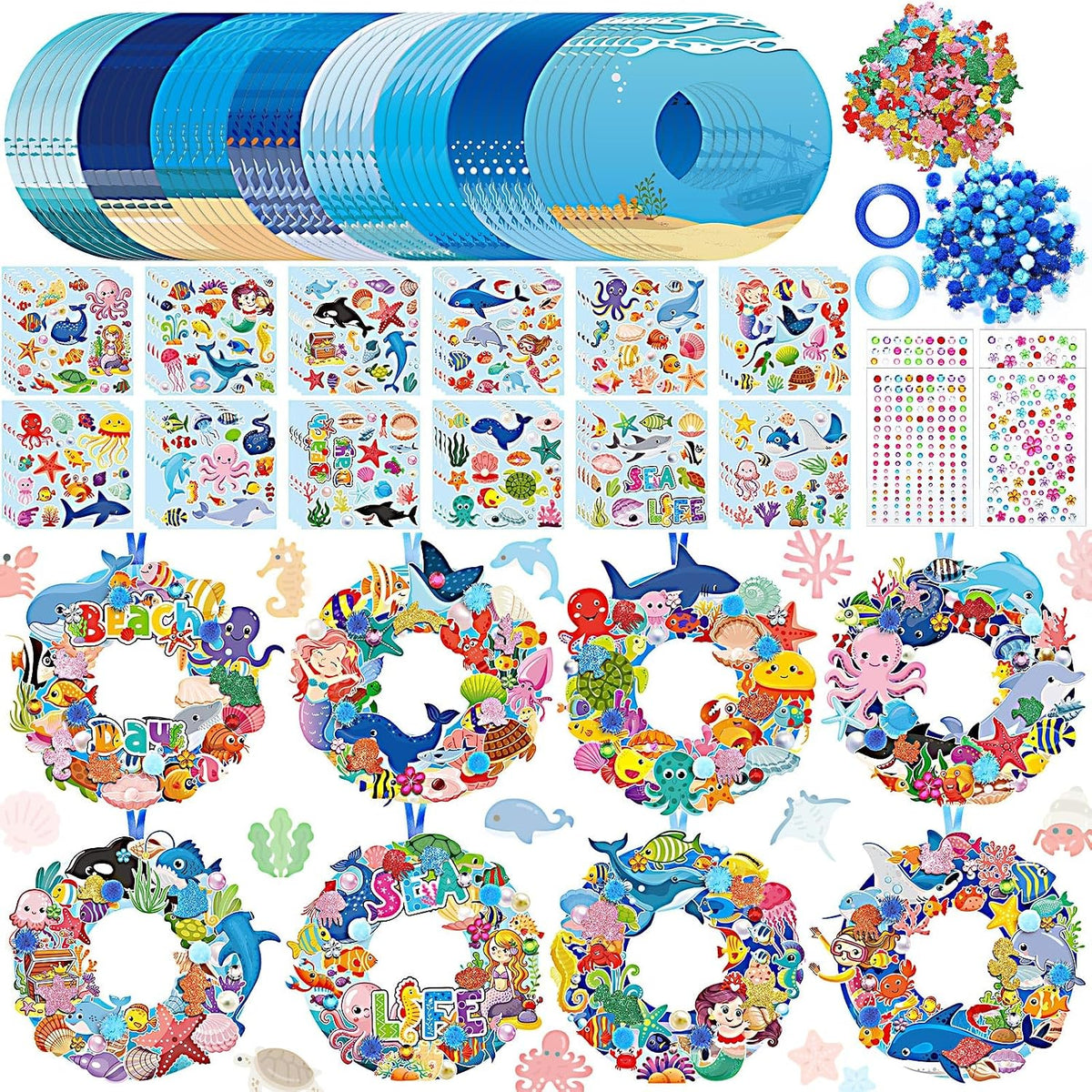 Hollowfly Thanksgiving paper wreath craft kits with gem stickers, ribbons and wool balls - view 3