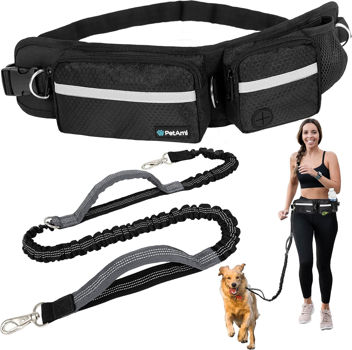 PetAmi Hands Free Dog Leash with Waist Running Belt Bag, Single – Essentials for Dogs - 1 Leash / Black