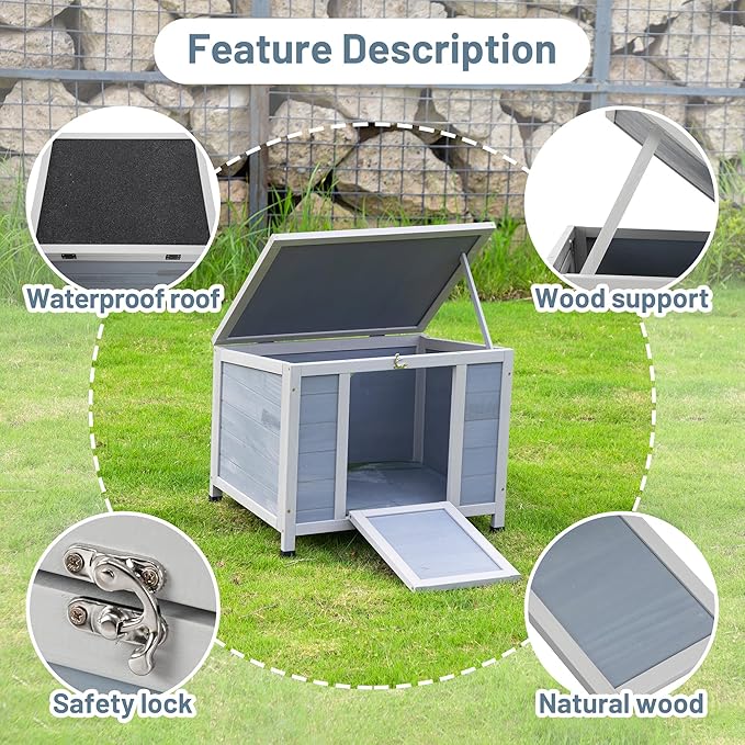 COZIWOW 24inches Wooden Catio Outdoor Cat House Small Animal House，Rabbit Hutch Indoor，Stable Weatherproof Bunny Cage Pet Shelter for Small Cat Dog Rabbit Guinea Pig (Grey)