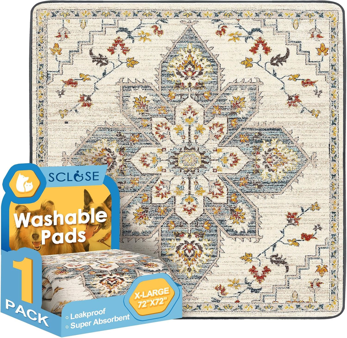 Washable Pee Pad for Dogs - White Medallion / 72" x 72" (1 Pack)