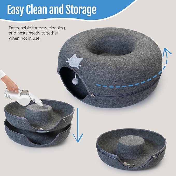 Meow Mansion Large Cat Cave Donut - Cat Tunnel; up to 30lbs - 3 Toy Balls & Hanging Ball Included - Scratch Resistant, Detachable and Cleanable Cat Donut Bed