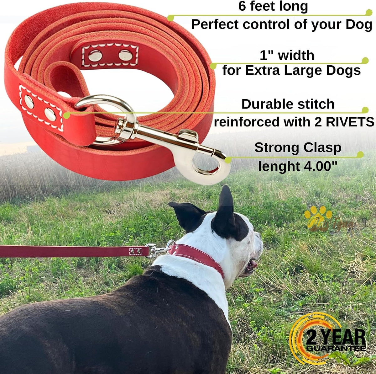 ADITYNA Leather Dog Leash for Large, and Small Dogs - XL - 6 ft x 1 inch / Red - image 2