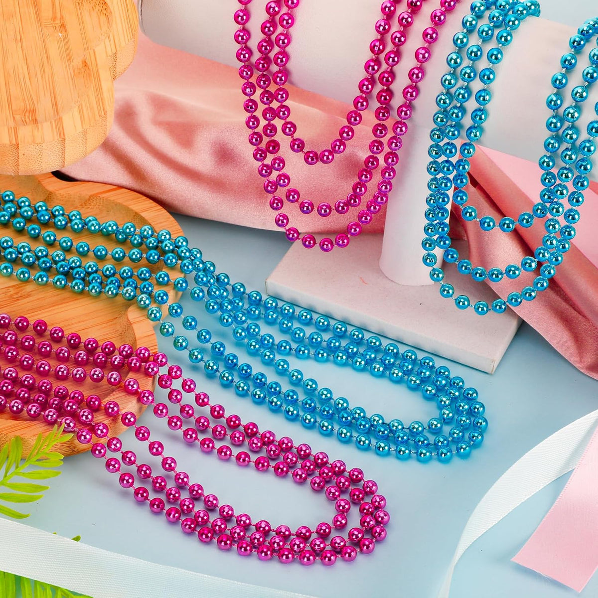 EOBOH 12PCS Mardi Gras Beads, Gold Beaded Necklace Stuff Set - Pink and Blue / 12 - image 4