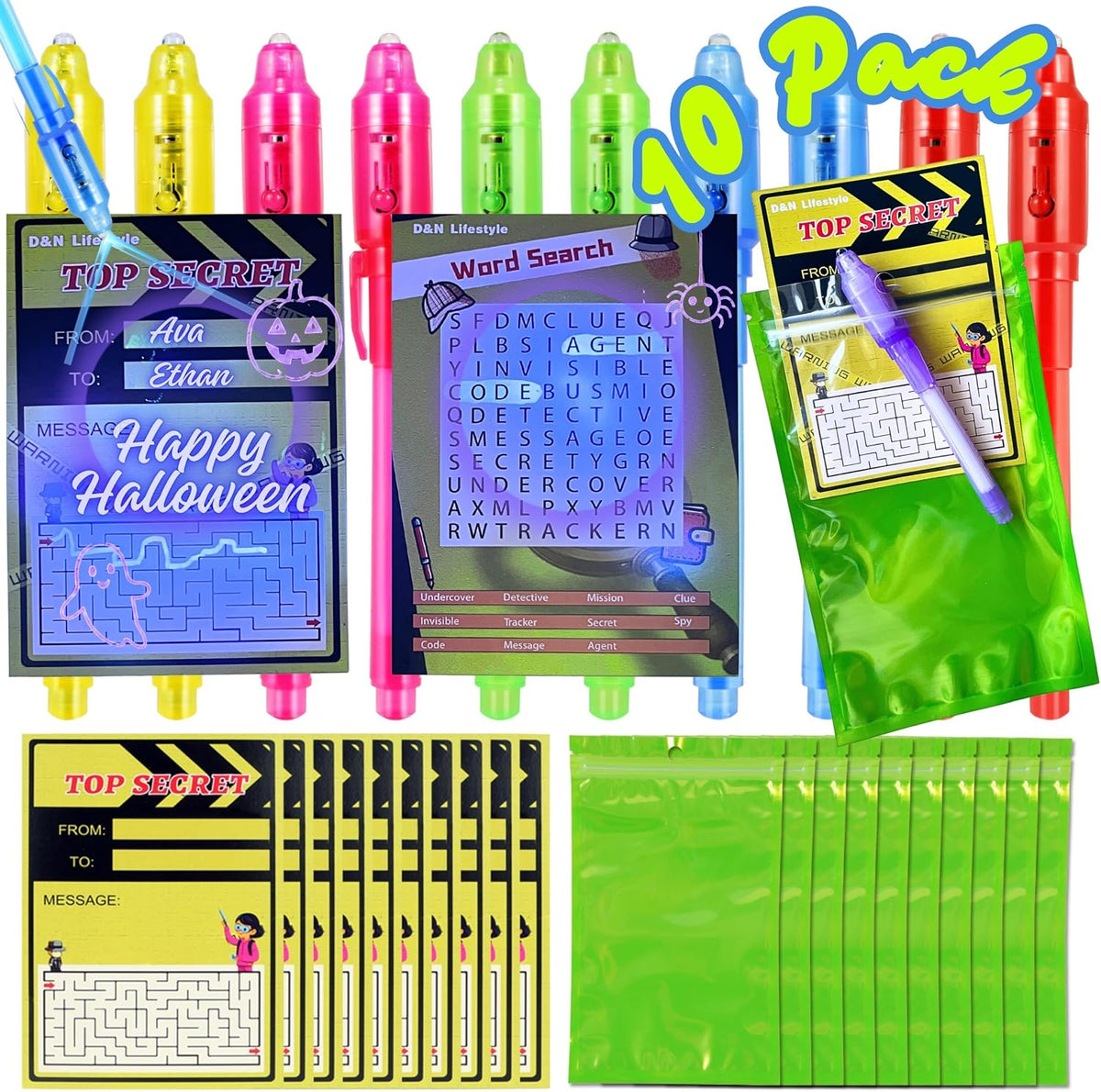 D&N Lifestyle invisible ink pens for kids, 24 UV secret message pens with activity cards and gift ba - view 2