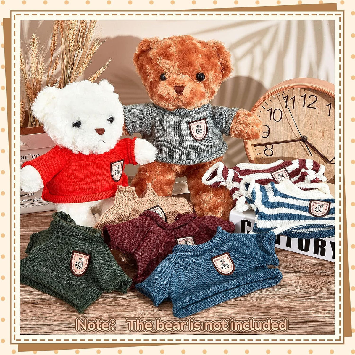 Sratte set of 8 stuffed bear sweater outfits with hearts and stripes in bright colors - view 4