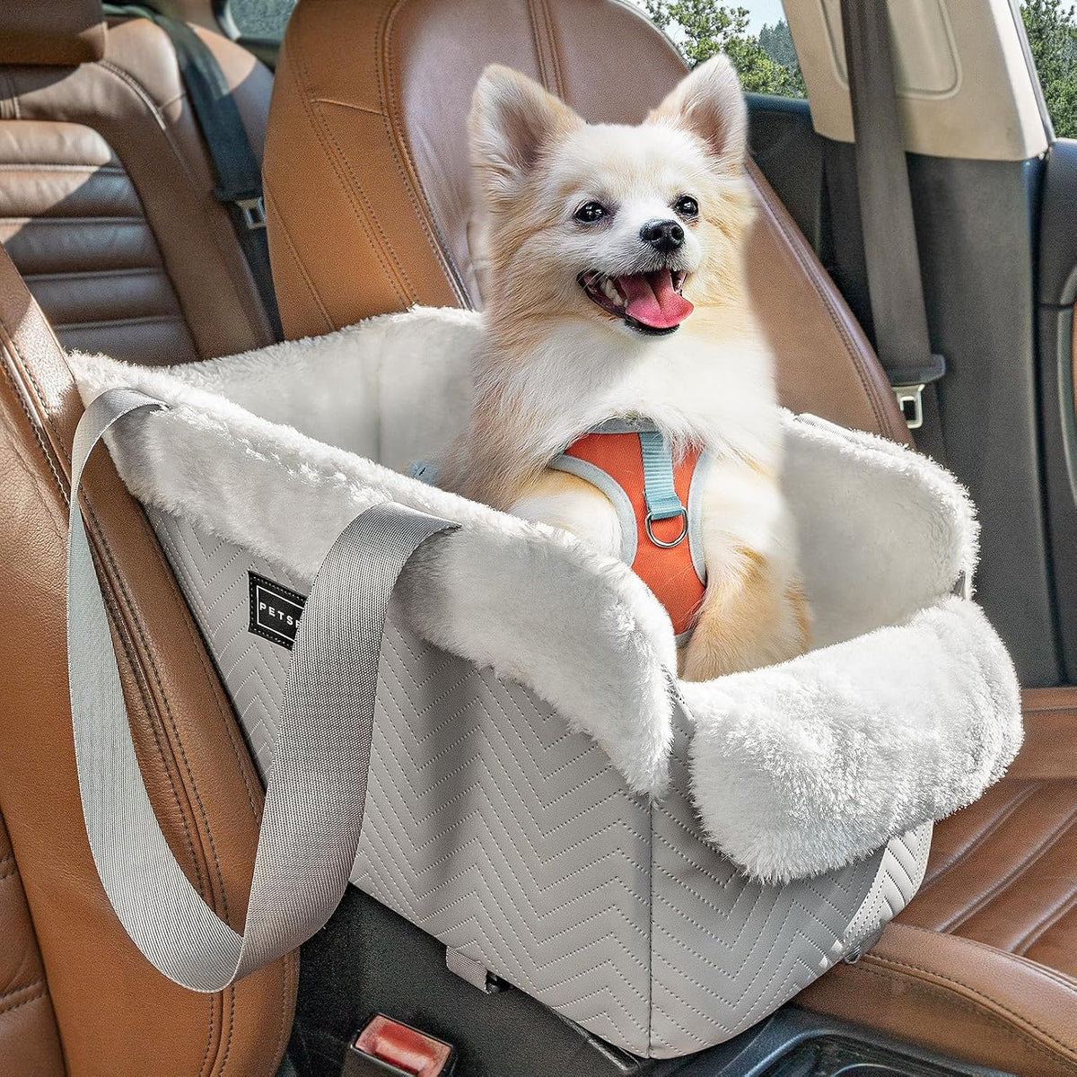 PETSFIT Cat Car Seat, Portable Console Dog Car Seat with Safe Protective Hooks, Luxury Pet Car Seat - Grey / Small
