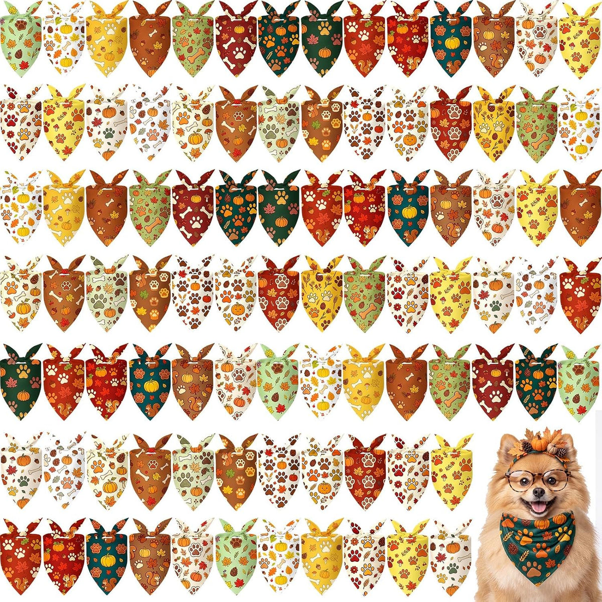Preboun 100 Pcs Fall Paw Print Dog Bandanas Bulk - Fall Paw Print / 19.7 x 13.8 x 13.8 Inch