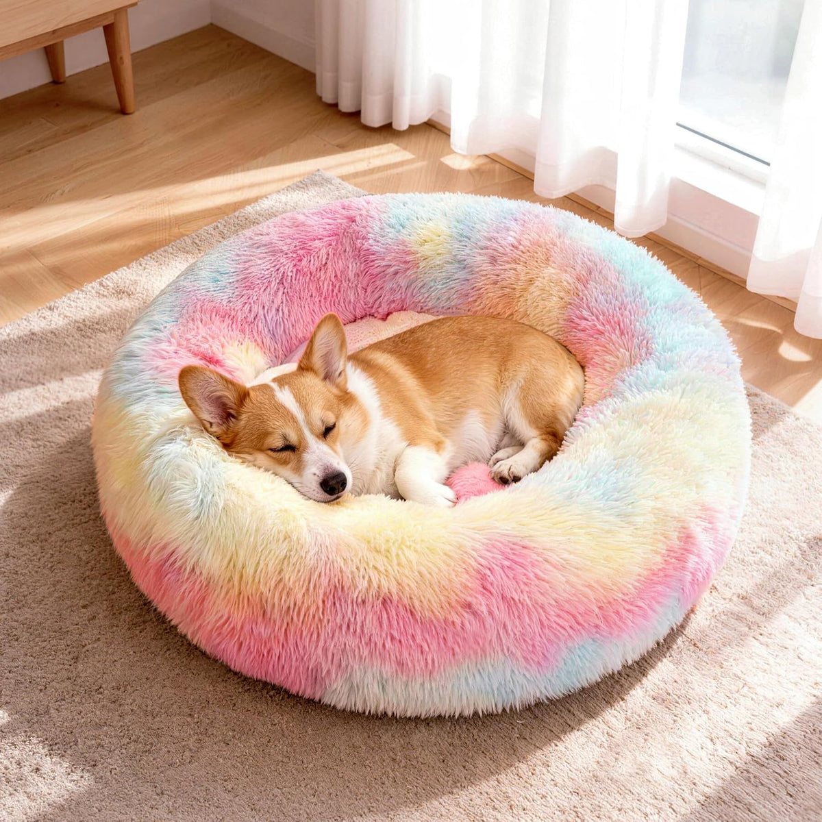 Donut Dog Bed Medium Size Dog, Round Cat Beds for Small Dogs – Essentials for Dogs - Rainbow / 30"L x 30"W x 8"Th