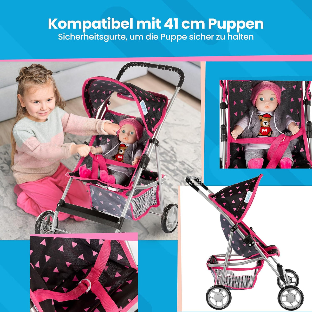 Baby Doll Stroller, Pram for Girls, Umbrella Stroller for Kids - Black in Triangles - image 4