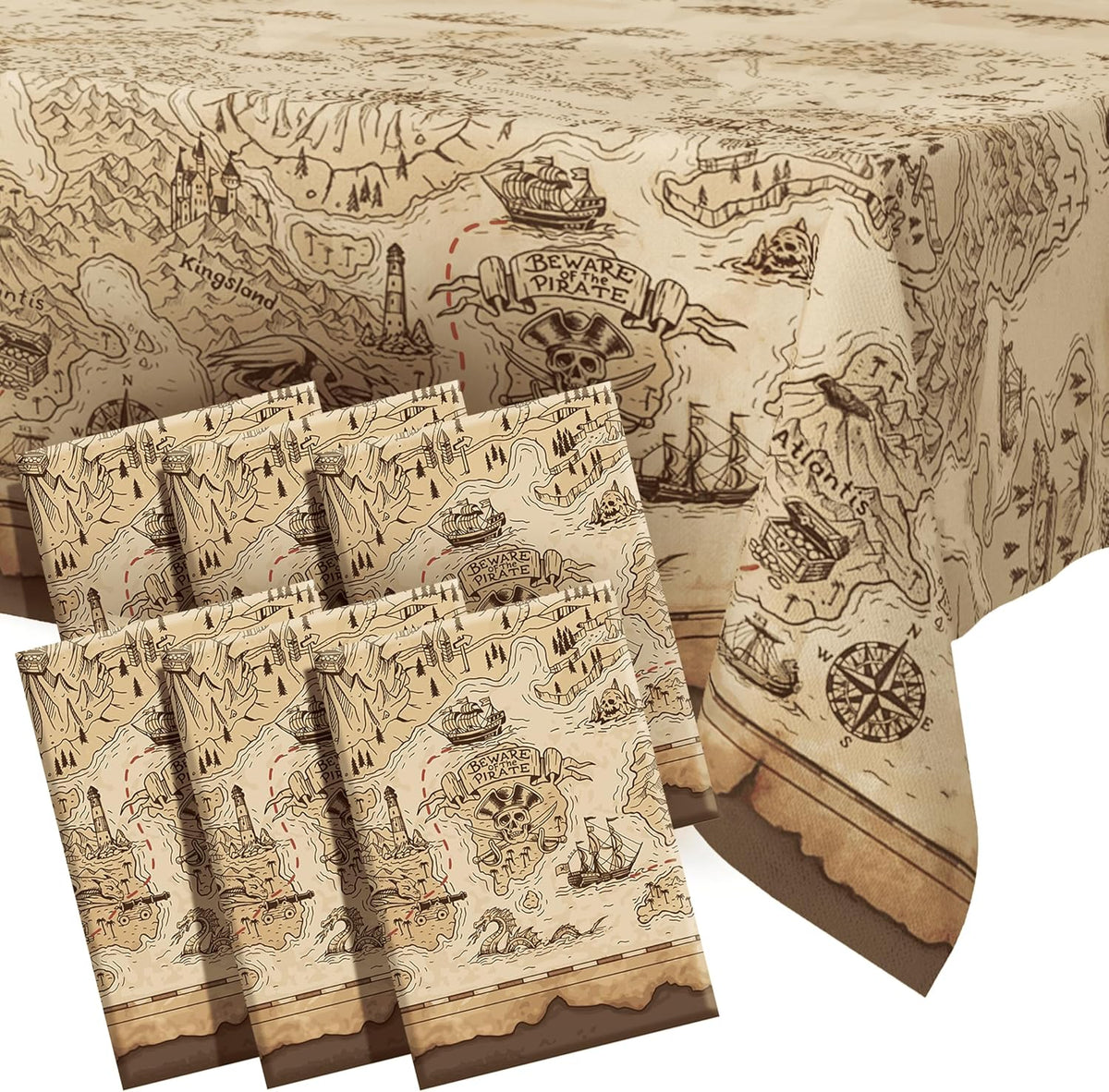 FUN RACCOON pirate party tablecloth with vintage treasure map and pirate ships print - view 4