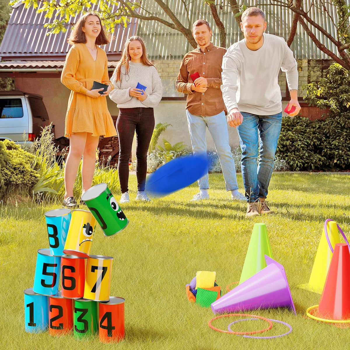 Redllo 58 piece carnival games set with dart board, numbered tin cans, cones and bean bags - view 2