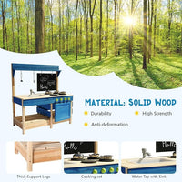 Mud Kitchen Playset for, Outdoor Wooden Toy Play Kitchen Set for Boys and Girls, Kitchen Accessories and Garden Sink with Faucet, Blackboard, Cookware Pot (Blue)